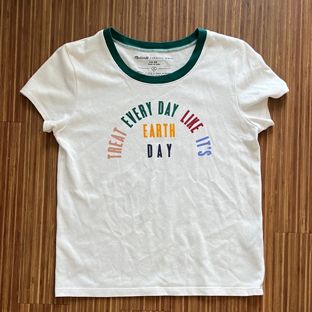 Madewell White Tee with Earth Day Rainbow Text